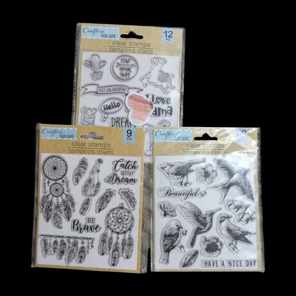 Crafter’s Square Clear Stamps Lot of 3 – Llama, Dreamcatcher & Bird Designs